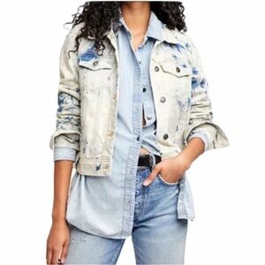 Free People Rumors Denim Jacket with Blue Tie Dye Accents